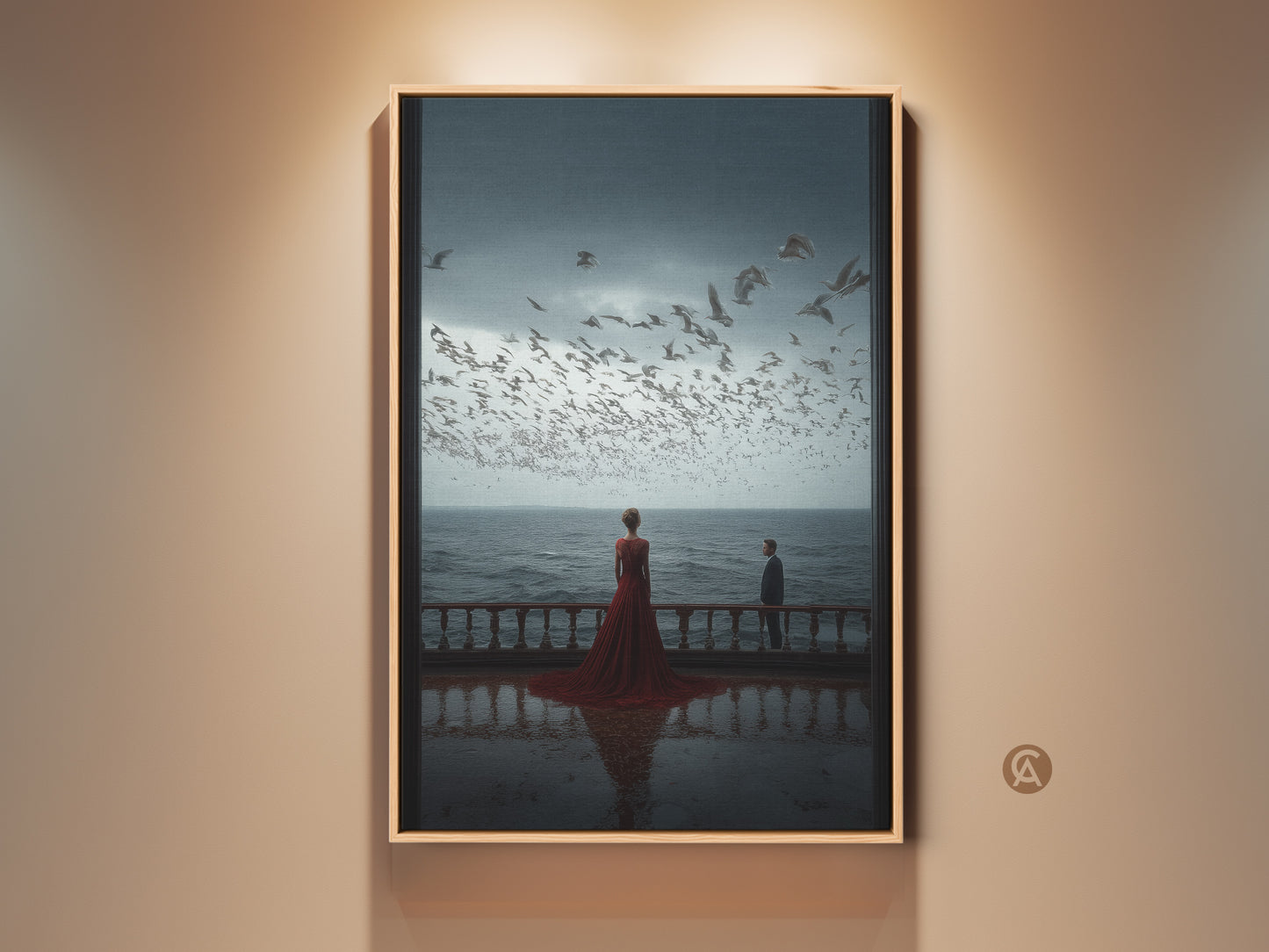 A framed canvas art print presents a cinematic seascape. A couple watches seagulls from a balcony. The woman in a red dress adds a romantic touch. It is perfect as an anniversary gift or bedroom wall decor. The contemporary artwork enhances any coastal living room.