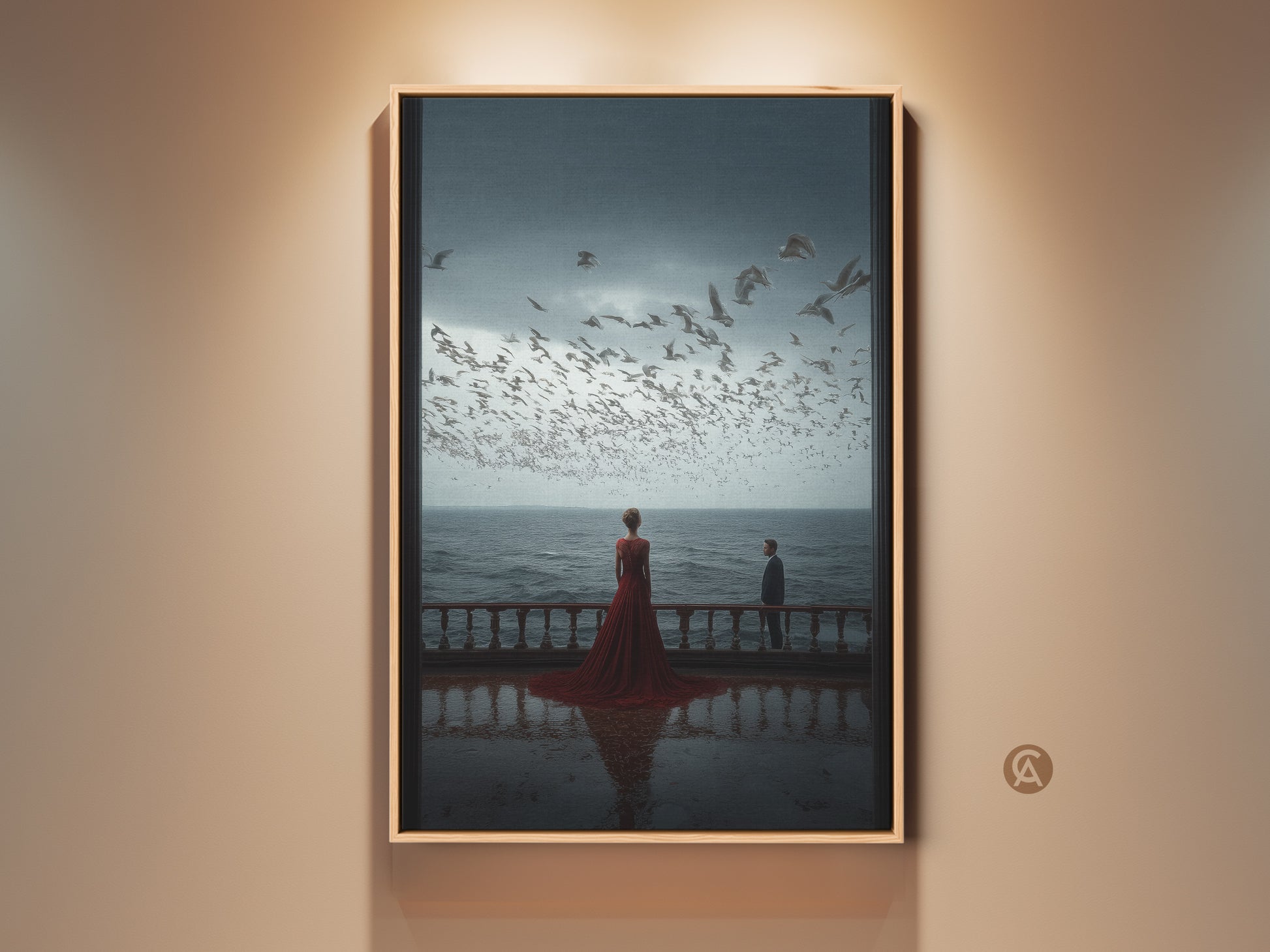A framed canvas art print presents a cinematic seascape. A couple watches seagulls from a balcony. The woman in a red dress adds a romantic touch. It is perfect as an anniversary gift or bedroom wall decor. The contemporary artwork enhances any coastal living room.