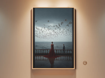 A framed canvas art print presents a cinematic seascape. A couple watches seagulls from a balcony. The woman in a red dress adds a romantic touch. It is perfect as an anniversary gift or bedroom wall decor. The contemporary artwork enhances any coastal living room.