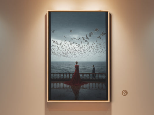 A framed canvas art print presents a cinematic seascape. A couple watches seagulls from a balcony. The woman in a red dress adds a romantic touch. It is perfect as an anniversary gift or bedroom wall decor. The contemporary artwork enhances any coastal living room.