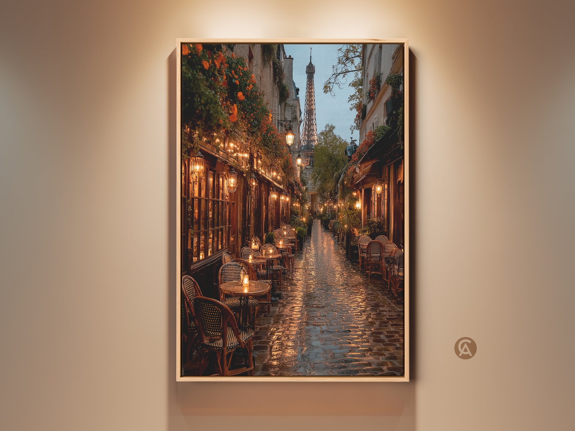 Eiffel Tower art print. Romantic Paris street scene artwork. The painting captures a rainy evening in Paris. Cafe lights glow warmly. The iconic Eiffel Tower rises in the distance.