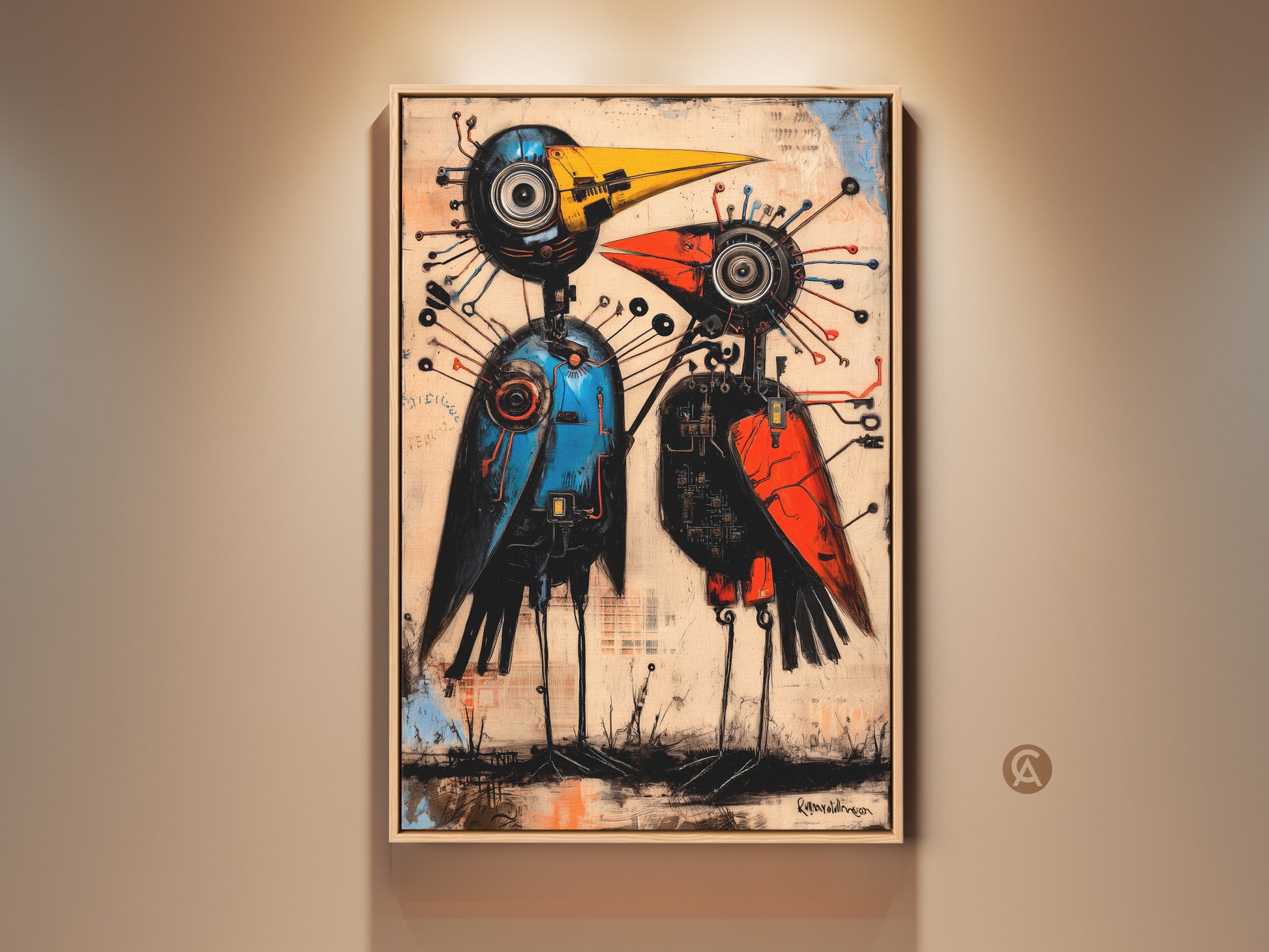 Framed abstract mechanical bird canvas art. This steampunk robot wall decor features an orange and blue palette. This eclectic office gift adds a touch of industrial charm. The unique gadget lover gift is ready to hang.