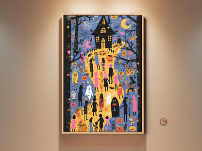 Whimsical Halloween Wall Art. See the playful artwork featuring ghosts and pumpkins gathering near a spooky haunted house. The eclectic style with blue orange and yellow hues brings festive charm. It's perfect for kids rooms or Halloween decor. Add a spooky touch with this art print available as canvas or poster.