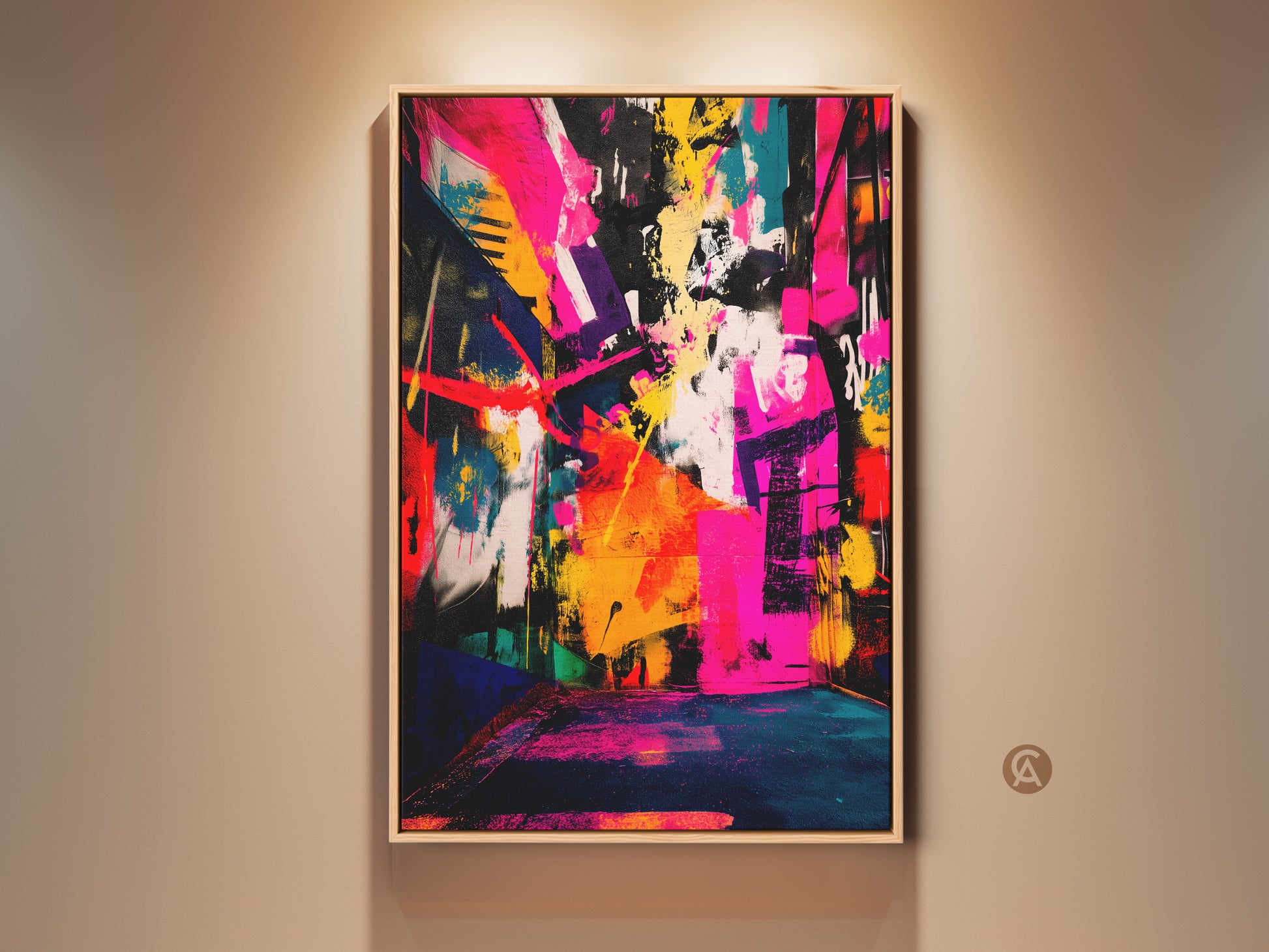 Brighten your space with this abstract canvas art. The artwork has bold strokes of pink yellow and blue. This modern painting is framed and ready to hang. It adds a vibrant splash of color to any room. Perfect for living rooms bedrooms or offices. Shop now to elevate your home decor with this unique piece.