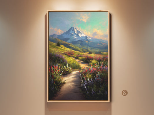 Framed Wildflower Mountain Path Canvas Art. Impressionistic landscape print in a rustic style. The blue yellow and green artwork makes a perfect gift for hikers. Enhance your home with this beautiful mountain scene.