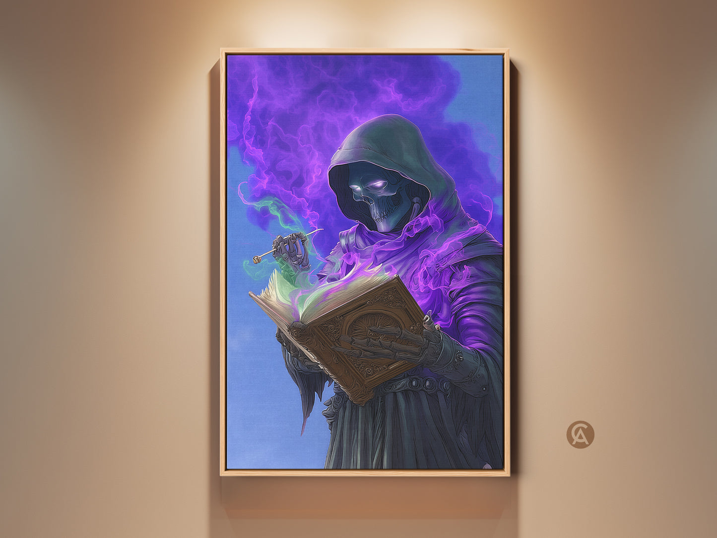 Framed gothic skeleton wizard art print. This dark fantasy wall art features a skeleton wizard engrossed in a magic spellbook. Swirling purple magic surrounds him. This enchanted art brings an otherworldly feel to any study room decor.