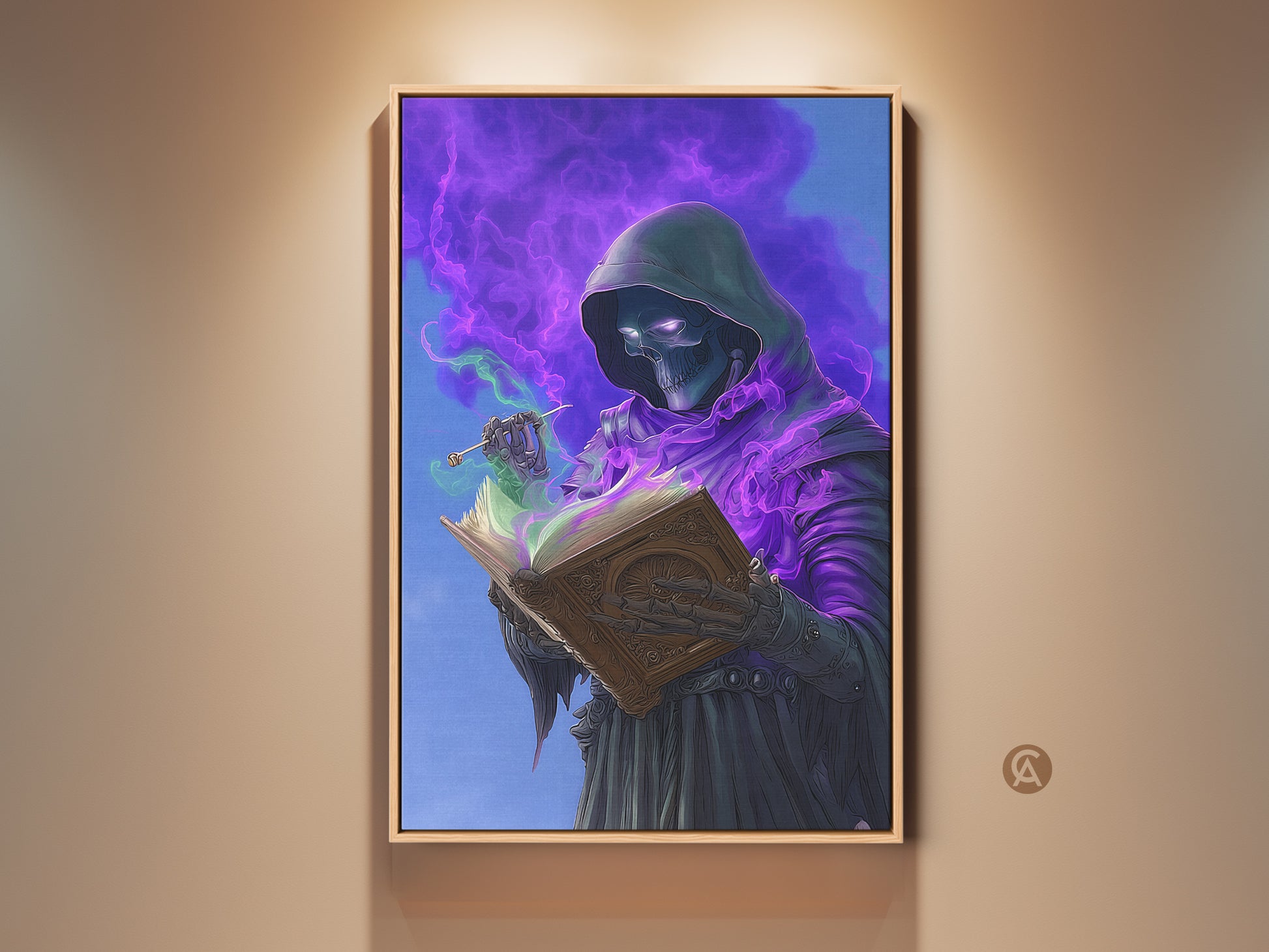 Framed gothic skeleton wizard art print. This dark fantasy wall art features a skeleton wizard engrossed in a magic spellbook. Swirling purple magic surrounds him. This enchanted art brings an otherworldly feel to any study room decor.