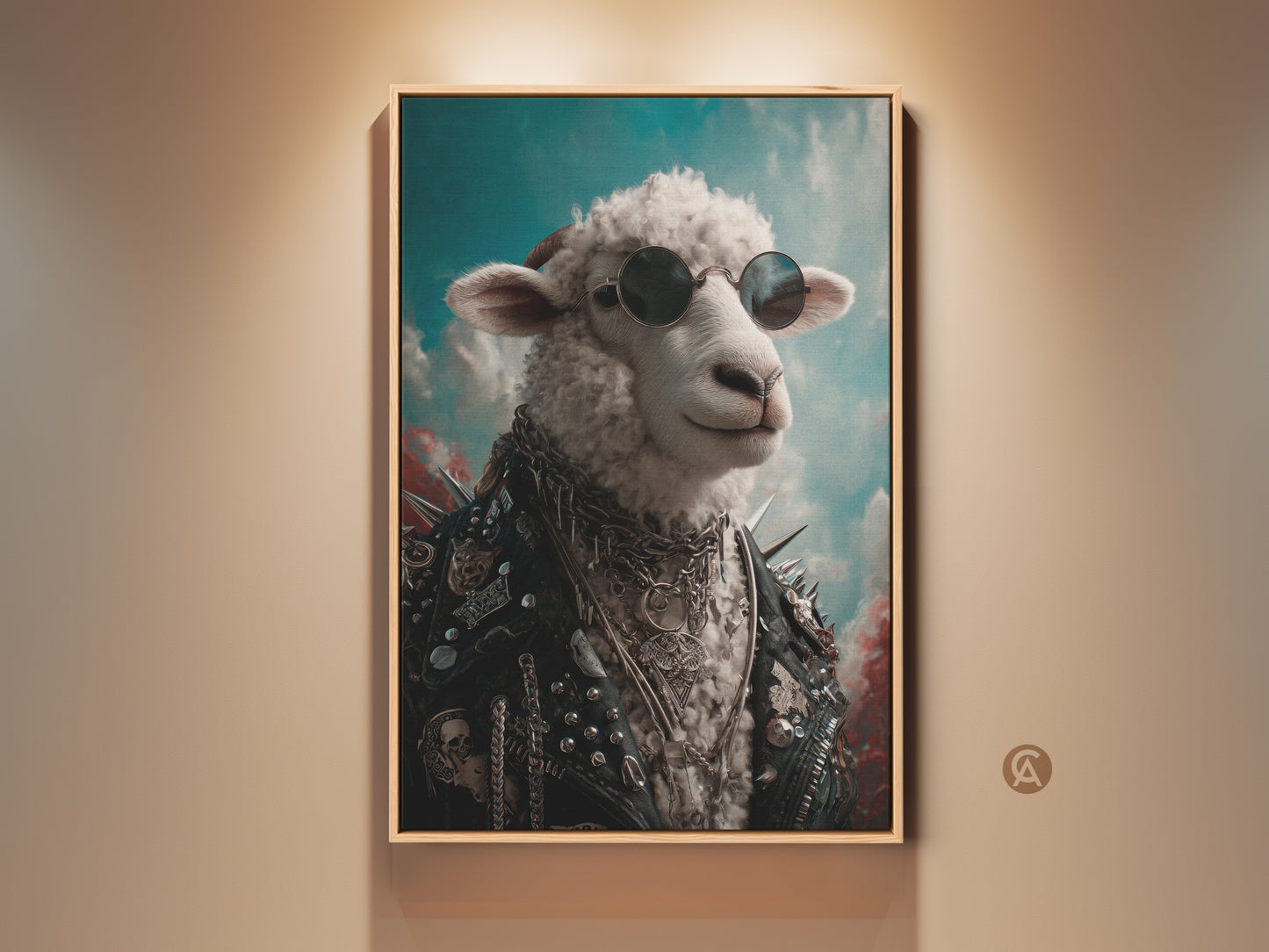 Rock and Roll Sheep wall art in a golden frame. This punk style animal print features a sheep with sunglasses and a leather jacket. Ideal for man cave decor or a gift for music fans. The artwork adds an eclectic touch to any room with its unique and edgy vibe.