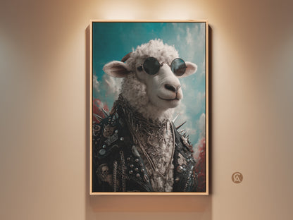 Rock and Roll Sheep wall art in a golden frame. This punk style animal print features a sheep with sunglasses and a leather jacket. Ideal for man cave decor or a gift for music fans. The artwork adds an eclectic touch to any room with its unique and edgy vibe.
