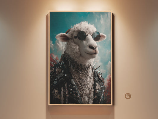 Rock and Roll Sheep wall art in a golden frame. This punk style animal print features a sheep with sunglasses and a leather jacket. Ideal for man cave decor or a gift for music fans. The artwork adds an eclectic touch to any room with its unique and edgy vibe.