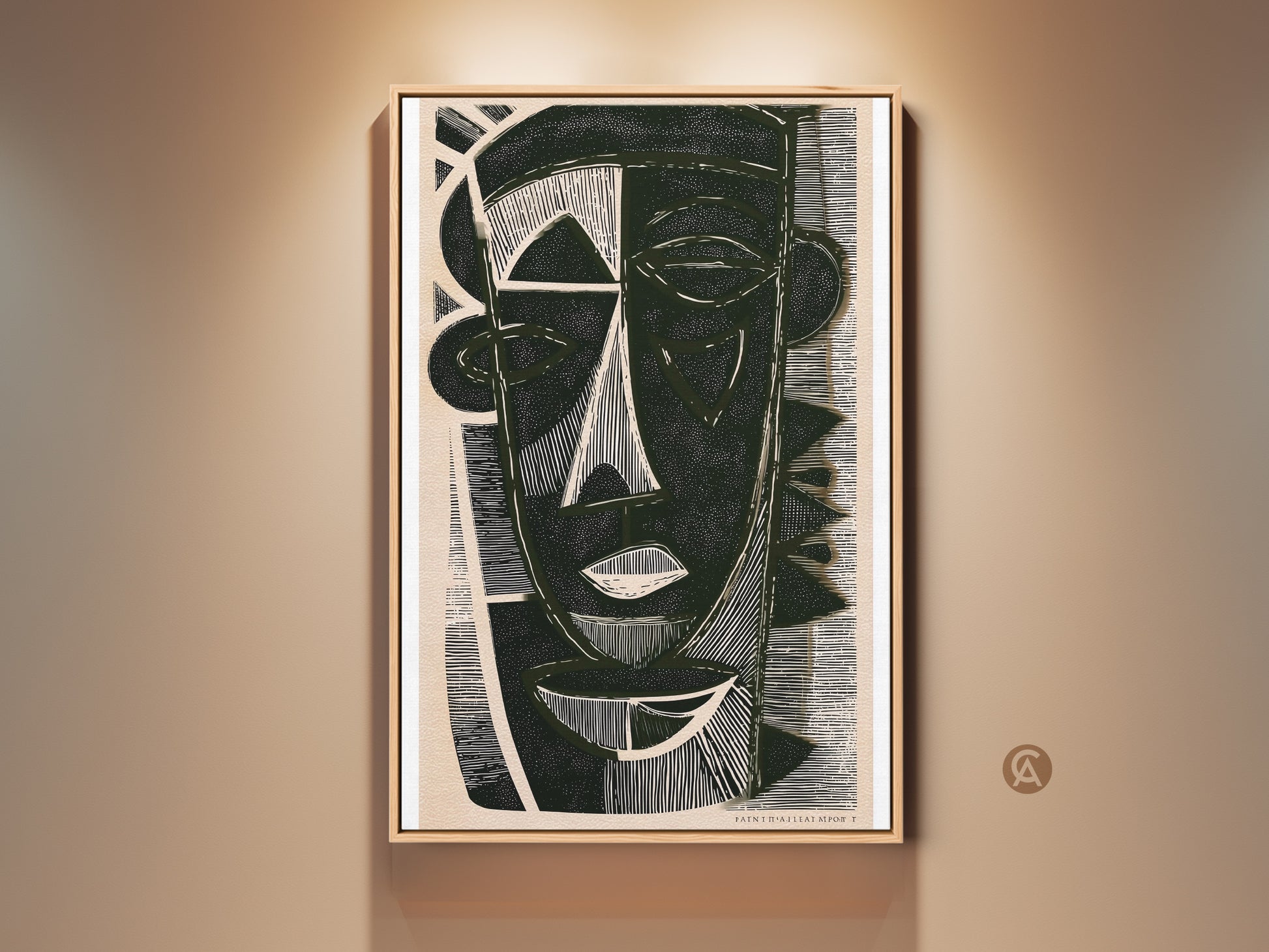 Geometric face canvas print in dark green abstract art. This black linocut style artwork is perfect for eclectic entryway wall decor. A unique gift for art lovers adds a modern touch.