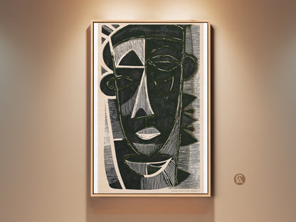 Geometric face canvas print in dark green abstract art. This black linocut style artwork is perfect for eclectic entryway wall decor. A unique gift for art lovers adds a modern touch.