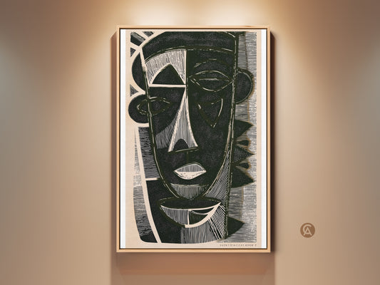Geometric face canvas print in dark green abstract art. This black linocut style artwork is perfect for eclectic entryway wall decor. A unique gift for art lovers adds a modern touch.