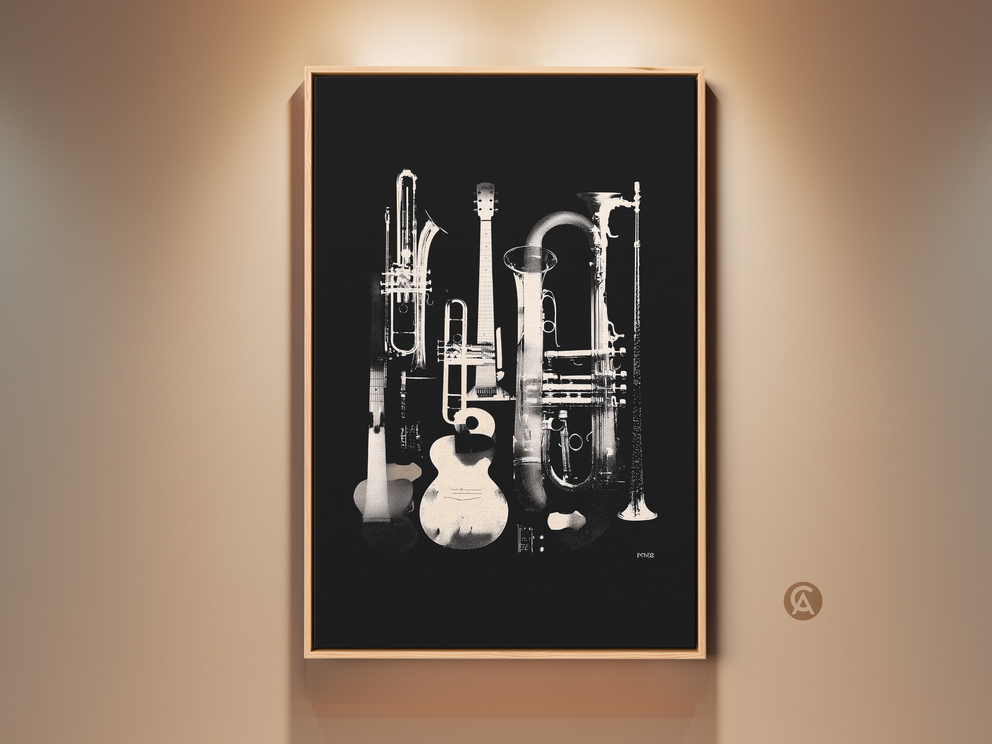 Framed musical instruments art print on a wall. This artwork features a guitar trumpet tuba and clarinet. The instruments are arranged in a still life composition. It has a modern style and is perfect for music lovers. Decorate your home with this unique music art print.
