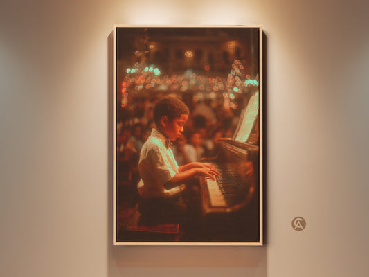 A young boy plays the piano in a concert hall. The artwork is framed and hangs on a neutral wall. Warm lighting highlights the musical performance. This beautiful piece captures a moment of childhood passion for music. Perfect for music lovers or children's rooms.
