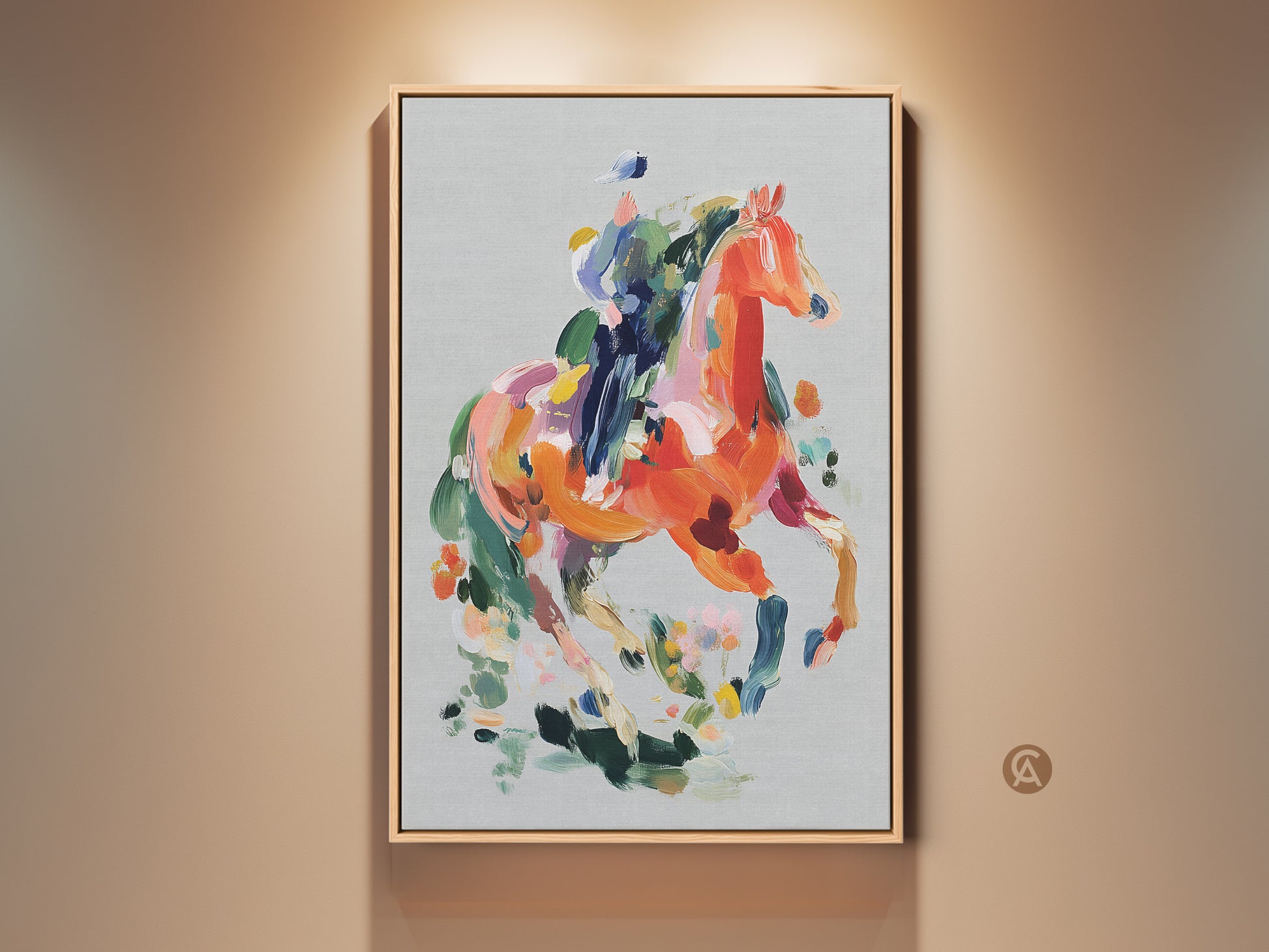 Framed Abstract Horse art print. This Equestrian wall decor features bold brushstrokes. See the orange coral animal canvas. It's an eclectic addition to any home office or living space. This unique artwork adds personality and color to your walls. Perfect gift for horse lovers and art enthusiasts alike.