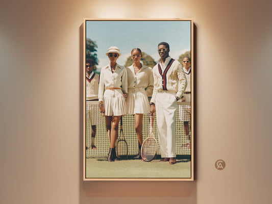 A vintage tennis art print. Three elegant tennis players pose confidently on the court. The artwork captures a sense of classic style and athletic grace. Perfect for adding a touch of retro charm to any space.