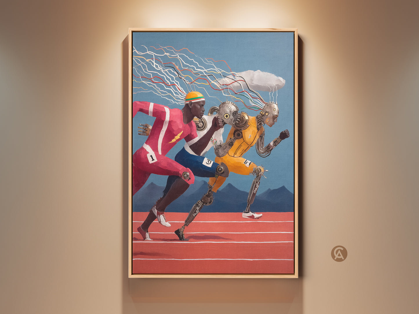 This contemporary artwork features cyborg athletes racing. The runners embody a futuristic sports theme with red yellow and blue accents. Perfect surrealism wall decor for an office or study room.