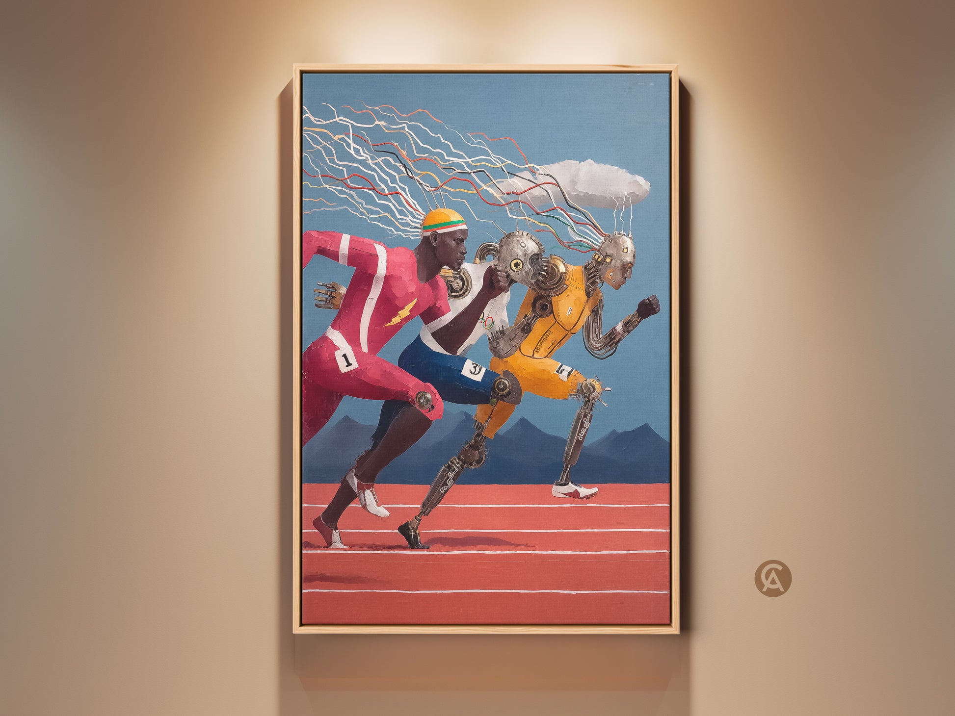 This contemporary artwork features cyborg athletes racing. The runners embody a futuristic sports theme with red yellow and blue accents. Perfect surrealism wall decor for an office or study room.