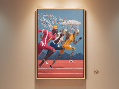 This contemporary artwork features cyborg athletes racing. The runners embody a futuristic sports theme with red yellow and blue accents. Perfect surrealism wall decor for an office or study room.