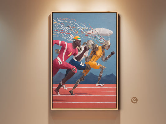This contemporary artwork features cyborg athletes racing. The runners embody a futuristic sports theme with red yellow and blue accents. Perfect surrealism wall decor for an office or study room.