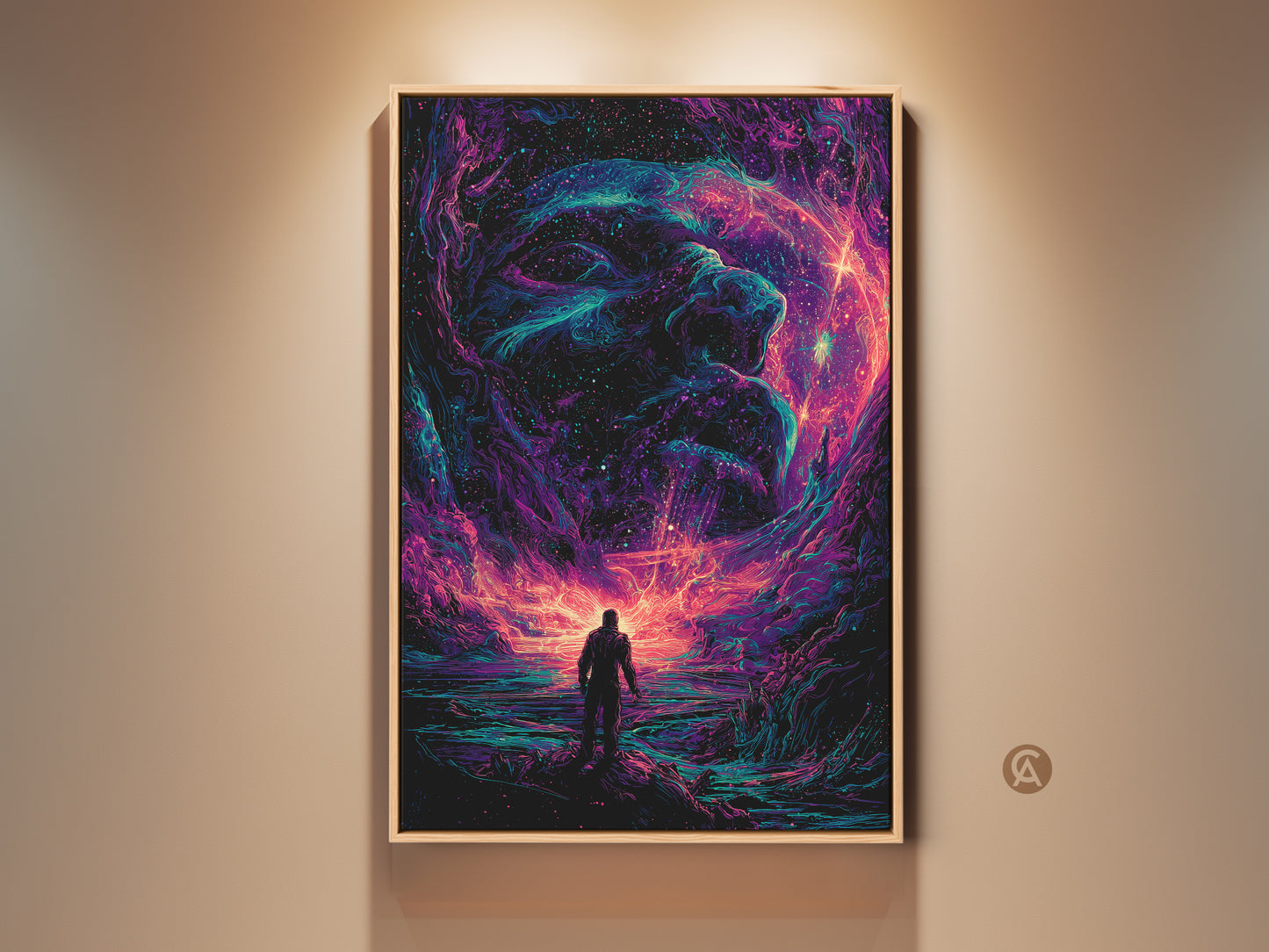 Framed galaxy artwork on a wall. The framed art captures a silhouette gazing towards a cosmic being. It's a vibrant space art print that adds depth to any room. The wall art enhances the ambiance with its unique colorful artwork.