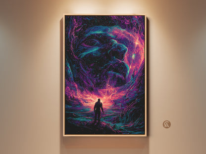 Framed galaxy artwork on a wall. The framed art captures a silhouette gazing towards a cosmic being. It's a vibrant space art print that adds depth to any room. The wall art enhances the ambiance with its unique colorful artwork.