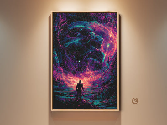 Framed galaxy artwork on a wall. The framed art captures a silhouette gazing towards a cosmic being. It's a vibrant space art print that adds depth to any room. The wall art enhances the ambiance with its unique colorful artwork.