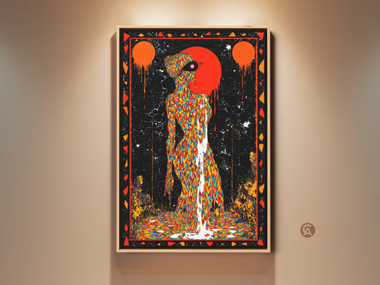 Eclectic wall art in a hallway setting. View a multi-colored psychedelic figure art print. This surreal drip effect canvas adds a vibrant touch. Orange and black accents create a bold statement. Perfect as unique home decor for art lovers. A modern surrealism print to elevate your space.