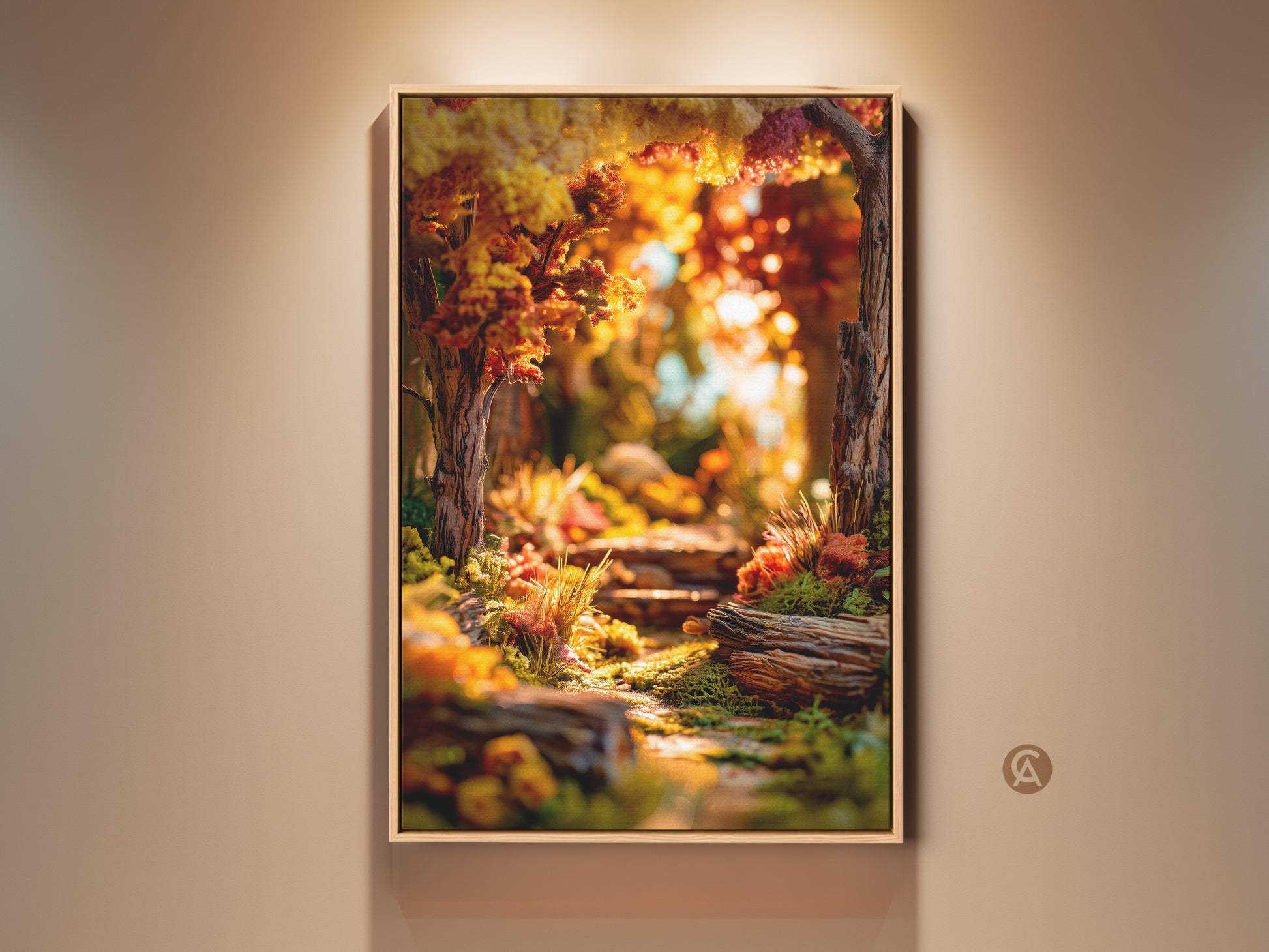 Framed forest path artwork. This art print features a sunlit path. The forest is in full autumn color. This wall art is framed in a natural wood tone frame. It adds warmth to any room.