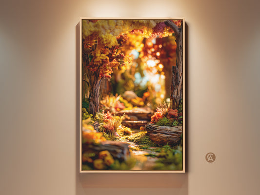 Framed forest path artwork. This art print features a sunlit path. The forest is in full autumn color. This wall art is framed in a natural wood tone frame. It adds warmth to any room.