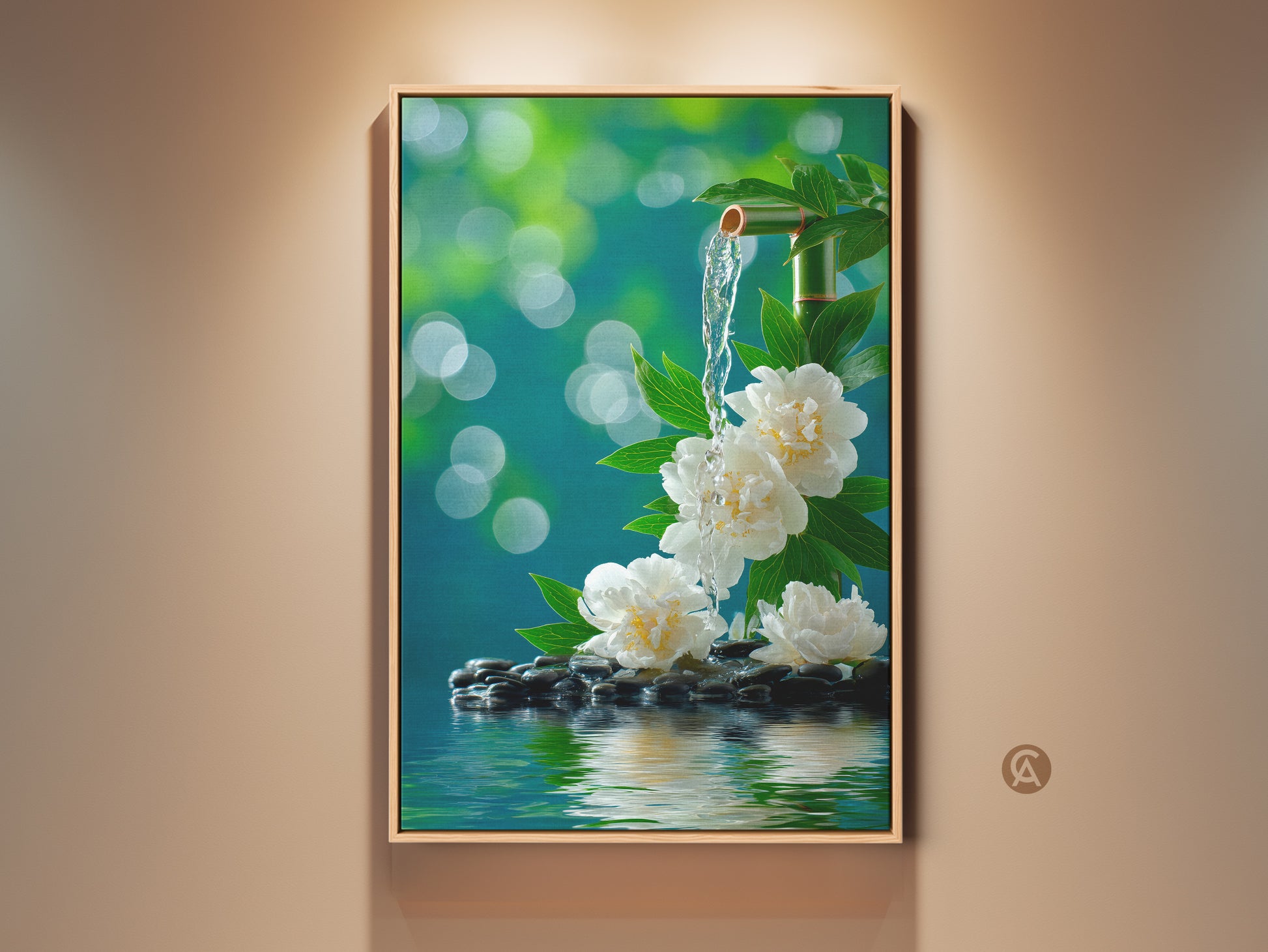 Experience tranquility with this zen art. This artwork features white peonies and a bamboo fountain. The water flows over smooth black stones in a serene scene. Perfect for adding a calming touch to any room. This beautiful piece is a great choice for zen decor.