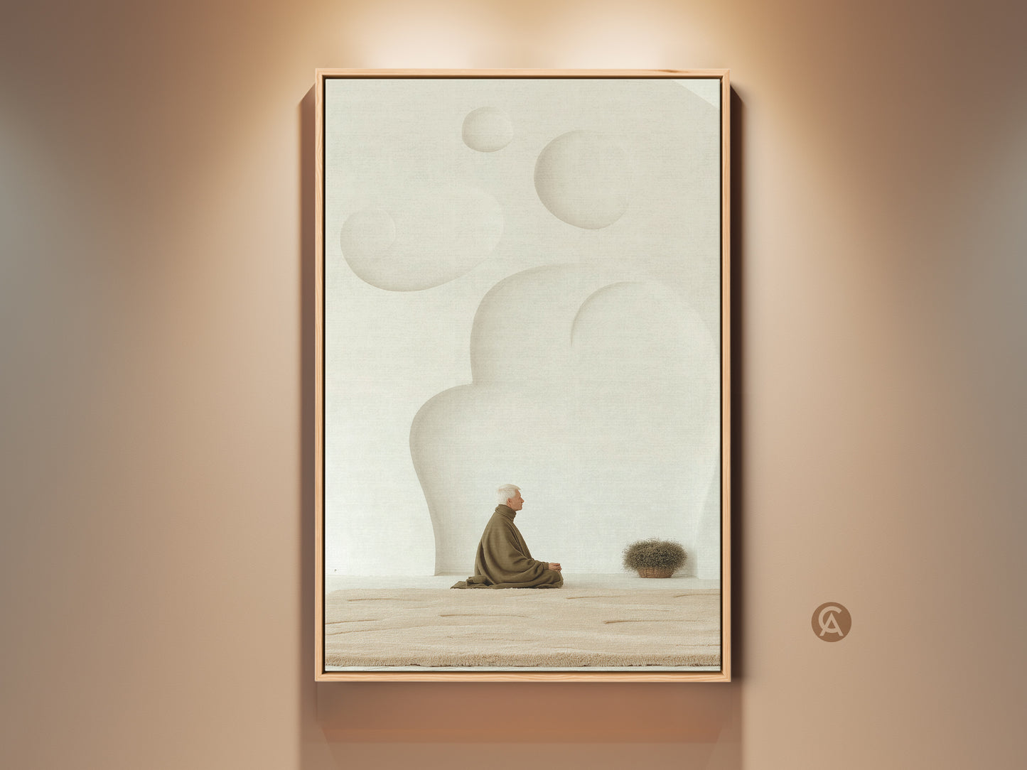 Abstract Meditation Canvas artwork showcases a Zen elderly man in cream and tan. This spiritual wall print offers minimalist home decor and a housewarming gift idea. It is Ideal for adding calm to your living room.  The artwork is set against soft beige tones for a peaceful atmosphere.