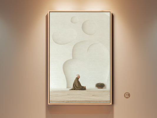 Abstract Meditation Canvas artwork showcases a Zen elderly man in cream and tan. This spiritual wall print offers minimalist home decor and a housewarming gift idea. It is Ideal for adding calm to your living room.  The artwork is set against soft beige tones for a peaceful atmosphere.