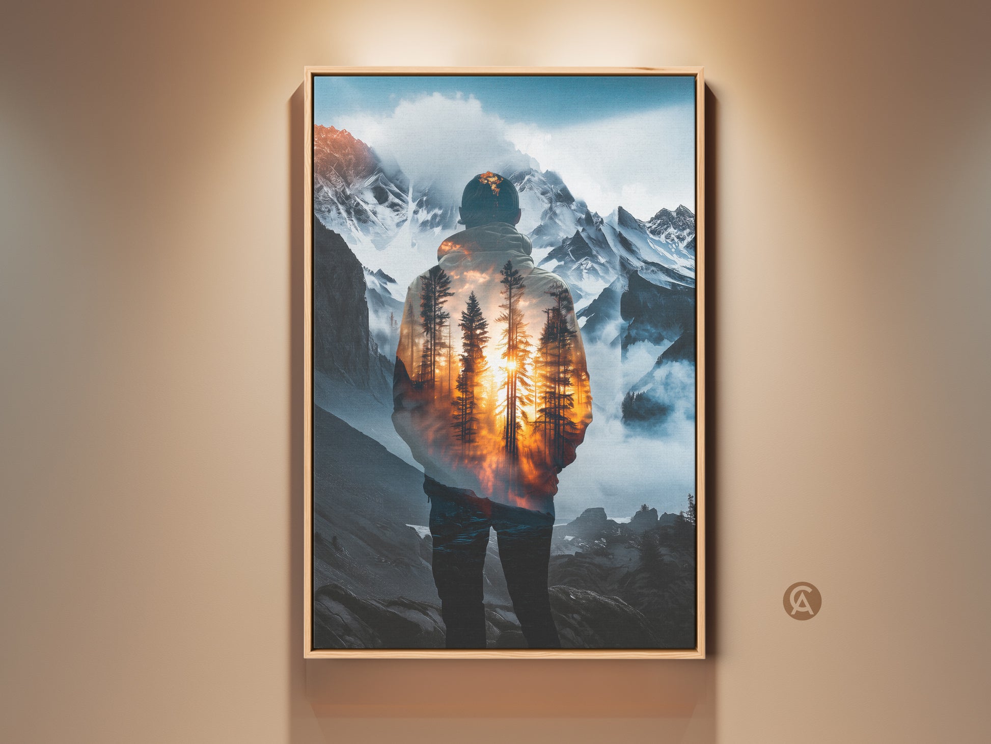 Modern wall art featuring a double exposure effect. It merges a man's silhouette with a mountain and forest landscape. Orange and yellow hues capture a serene sunset. Perfect nature decor for hikers and outdoor lovers seeking adventure. It is a unique piece enhancing any living space with mountain artwork.