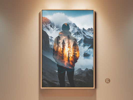 Modern wall art featuring a double exposure effect. It merges a man's silhouette with a mountain and forest landscape. Orange and yellow hues capture a serene sunset. Perfect nature decor for hikers and outdoor lovers seeking adventure. It is a unique piece enhancing any living space with mountain artwork.