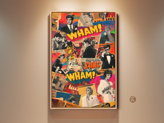 Vintage collage art print on display. This retro pop art wall decor features a vibrant mix of 60s fashion people artwork. The eclectic piece adds a nostalgic touch to any room.  Perfect gift for retro enthusiasts seeking unique wall art with yellow red and pink tones.