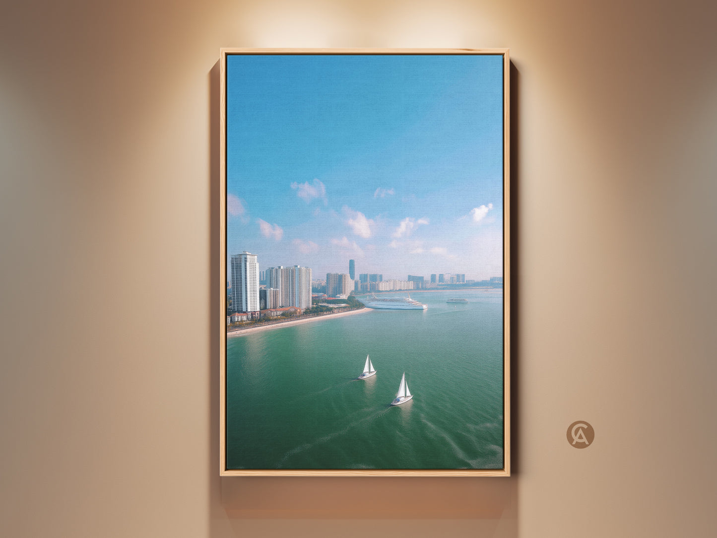 Modern aerial cityscape art on canvas with sailboats. This coastal ocean wall artwork brings a teal blue travel theme to a bedroom. The contemporary scene features a city skyline cruise ship and beach house nautical decor. It is a perfect housewarming gift for travel lovers adding blue green wall art to any space.