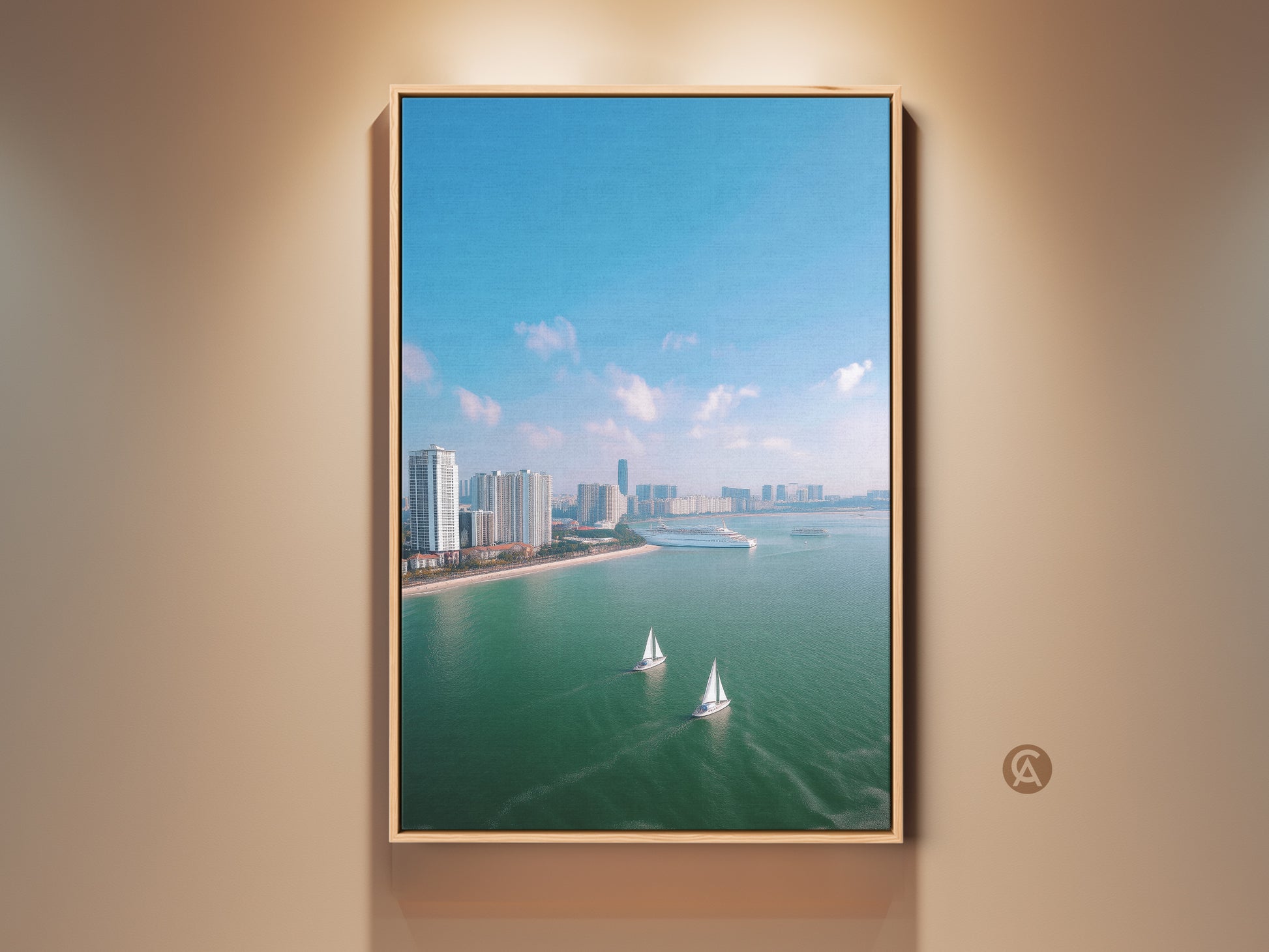 Modern aerial cityscape art on canvas with sailboats. This coastal ocean wall artwork brings a teal blue travel theme to a bedroom. The contemporary scene features a city skyline cruise ship and beach house nautical decor. It is a perfect housewarming gift for travel lovers adding blue green wall art to any space.