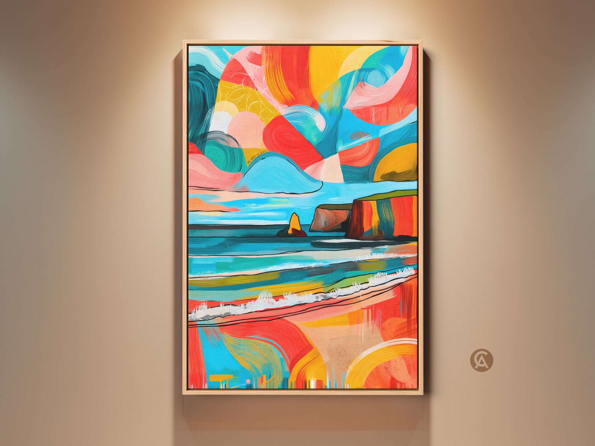 Framed abstract beach canvas art adds a coastal touch. Teal yellow and coral hues evoke ocean waves and cliffs. This colorful artwork is perfect for eclectic home decor. Hang this lively seascape art and bring artistic feel to any room.