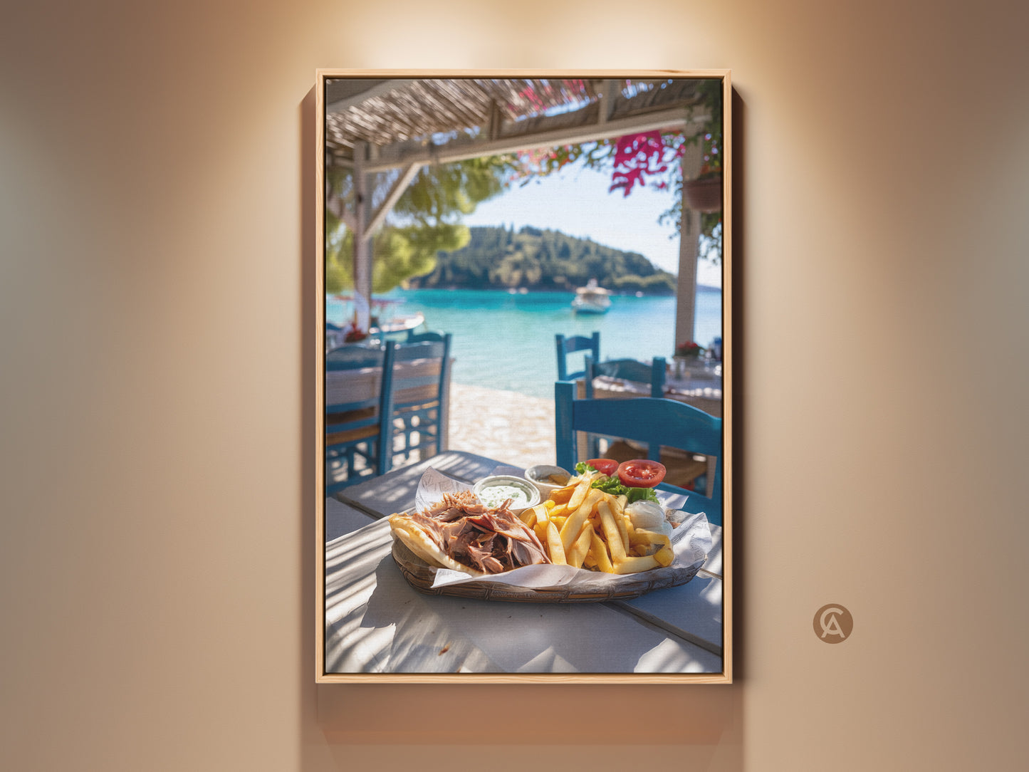 Greek gyros canvas art featuring a delicious gyros plate. The turquoise seascape is in the background. This photorealistic food photo brings a vibrant coastal dining room wall art feel. Perfect for a restaurant cafe decor or a foodie gift idea.