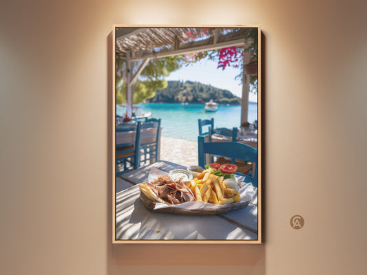 Greek gyros canvas art featuring a delicious gyros plate. The turquoise seascape is in the background. This photorealistic food photo brings a vibrant coastal dining room wall art feel. Perfect for a restaurant cafe decor or a foodie gift idea.