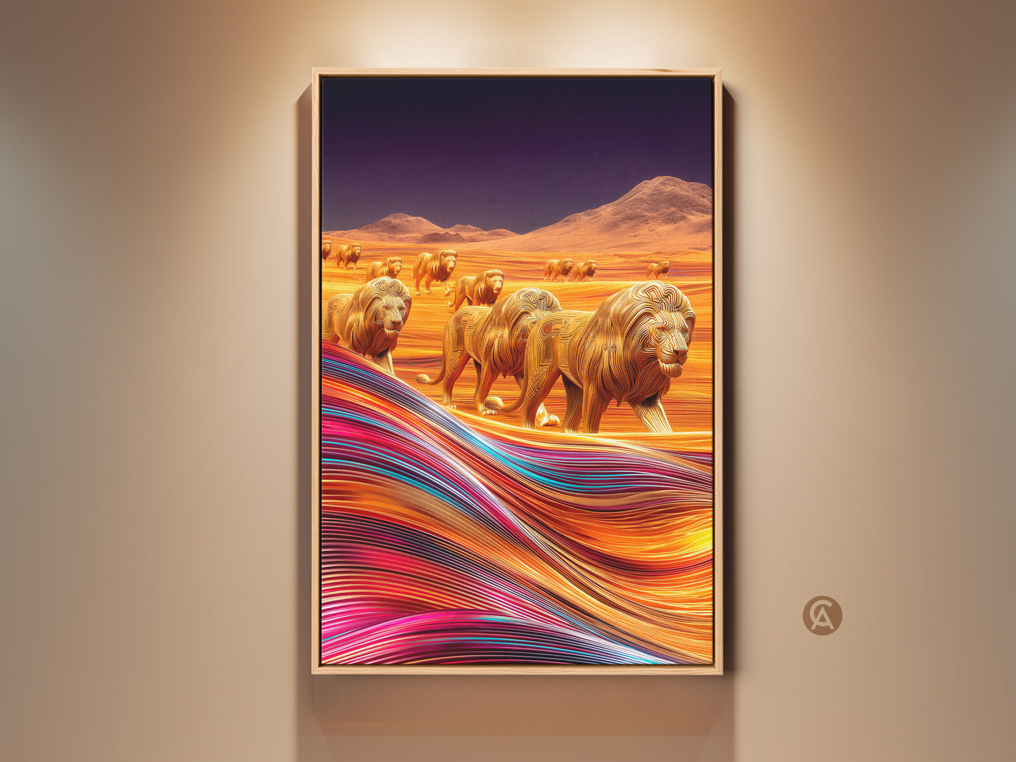 A framed canvas print shows a parade of golden lions crossing a colorful desert landscape. This contemporary artwork is a bold statement piece. It combines wildlife themes with abstract style. The flowing foreground makes it great modern wall art.