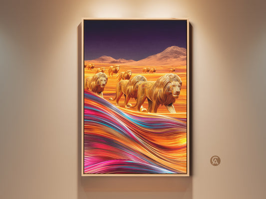 A framed canvas print shows a parade of golden lions crossing a colorful desert landscape. This contemporary artwork is a bold statement piece. It combines wildlife themes with abstract style. The flowing foreground makes it great modern wall art.