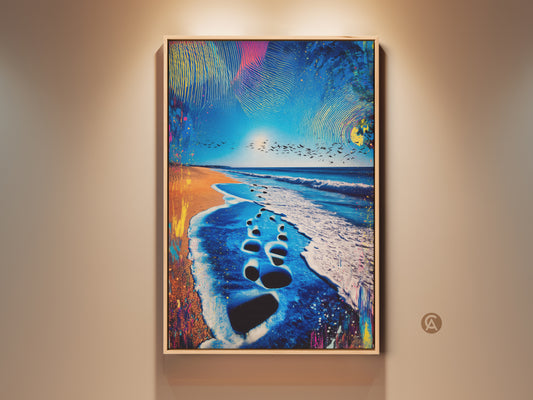 Framed abstract beach art showcases a serene ocean scene. Footprints lead to the turquoise sea under a vibrant sky with birds. This coastal wall art brings a summer beach vibe ready to hang adding eclectic charm to any room.