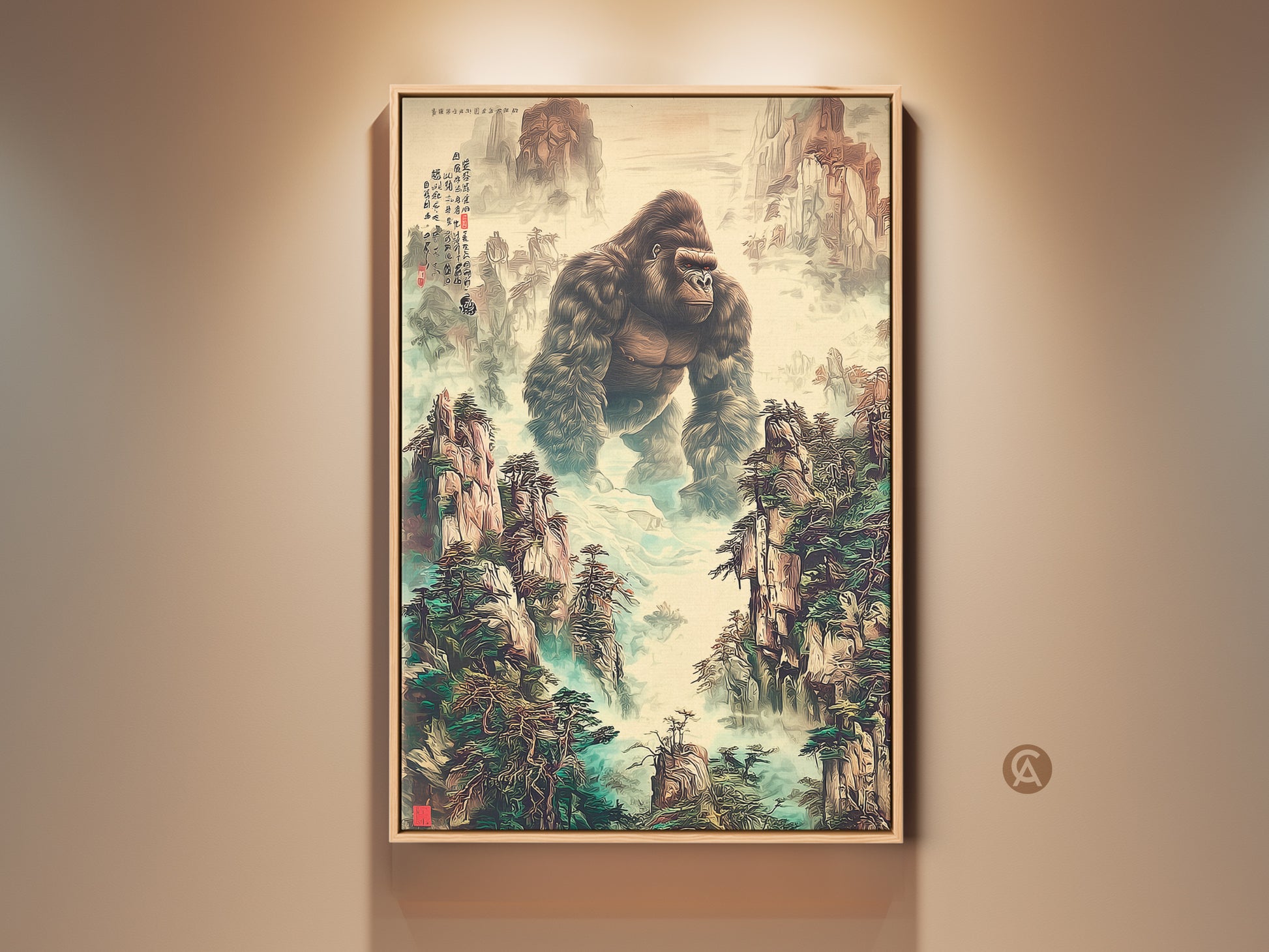 A framed traditional Chinese art print is displayed. The artwork features a gorilla in a mountain landscape with earth tones and deep greens. This wildlife gift brings an eclectic touch to any room. The ink wash style painting enhances the misty blue accent decor. This unique animal artwork makes a powerful statement.