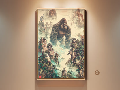 A framed traditional Chinese art print is displayed. The artwork features a gorilla in a mountain landscape with earth tones and deep greens. This wildlife gift brings an eclectic touch to any room. The ink wash style painting enhances the misty blue accent decor. This unique animal artwork makes a powerful statement.