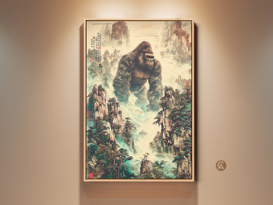 A framed traditional Chinese art print is displayed. The artwork features a gorilla in a mountain landscape with earth tones and deep greens. This wildlife gift brings an eclectic touch to any room. The ink wash style painting enhances the misty blue accent decor. This unique animal artwork makes a powerful statement.