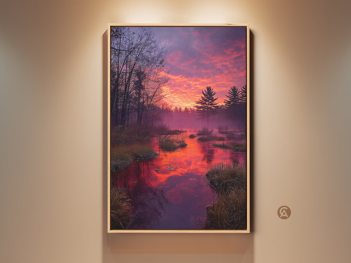 Nature landscape canvas print featuring a rustic forest sunset with an orange and purple sky. This cozy cabin art has pine trees reflecting on the water. A perfect housewarming gift for home decor. Enjoy this vibrant sky artwork. This serene water reflection adds a tranquil touch to any space.