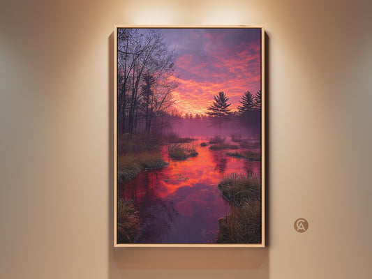 Nature landscape canvas print featuring a rustic forest sunset with an orange and purple sky. This cozy cabin art has pine trees reflecting on the water. A perfect housewarming gift for home decor. Enjoy this vibrant sky artwork. This serene water reflection adds a tranquil touch to any space.